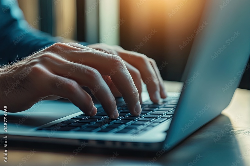 Poster a close-up view of hands typing on a laptop keyboard in a modern workspace. with soft sunlight illum
