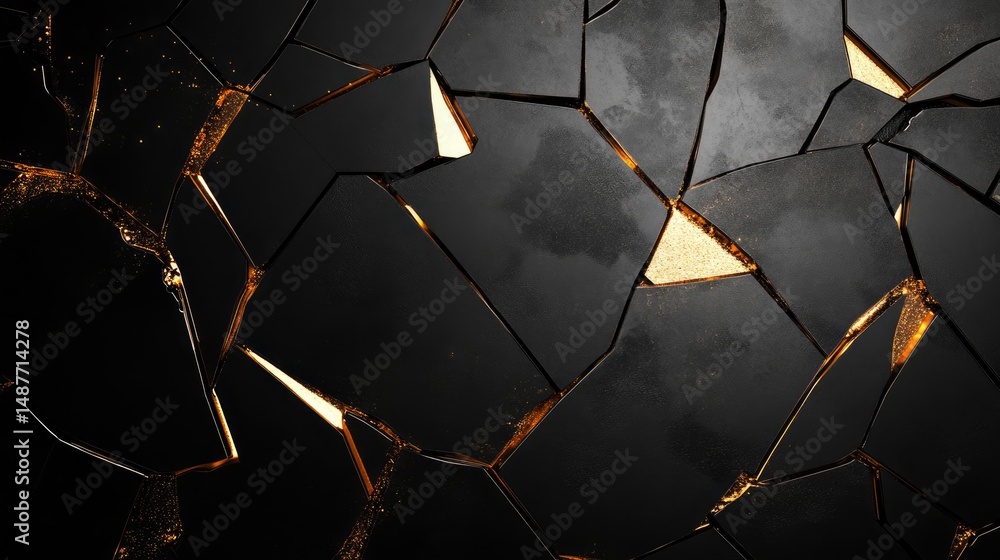 Poster a close-up view of a textured wall composed of irregular black and gold cracked tiles. showcasing an