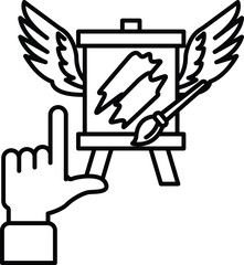 A hand pointing to a painting easel with a brush and a palette