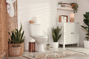 Ceramic toilet bowl, houseplants and necessities in restroom