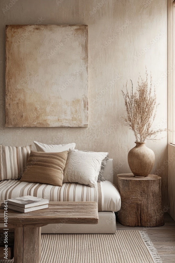 Poster a serene interior space featuring a cozy. neutral-toned sofa adorned with a textured throw. compleme