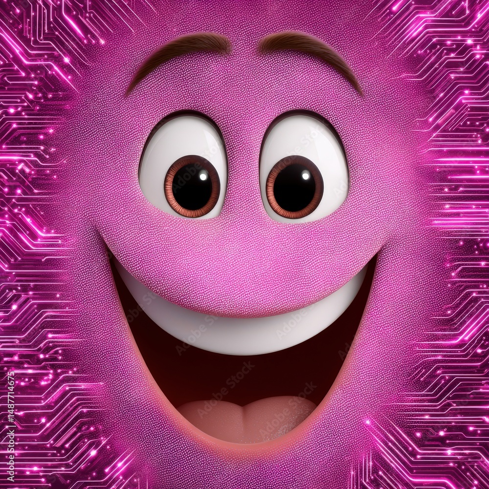 Poster playful cartoon face with cheerful expression surrounded by glowing pink circuit patterns representi