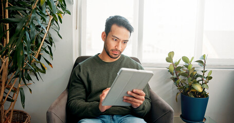 Appointment, tablet and waiting room with man in office for personal information or sign in. Application, digital form and treatment with person in lobby of spa for session, therapy or wellness