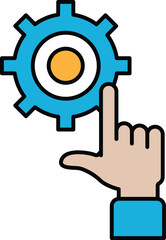 A blue and white graphic of a hand pointing to a gear