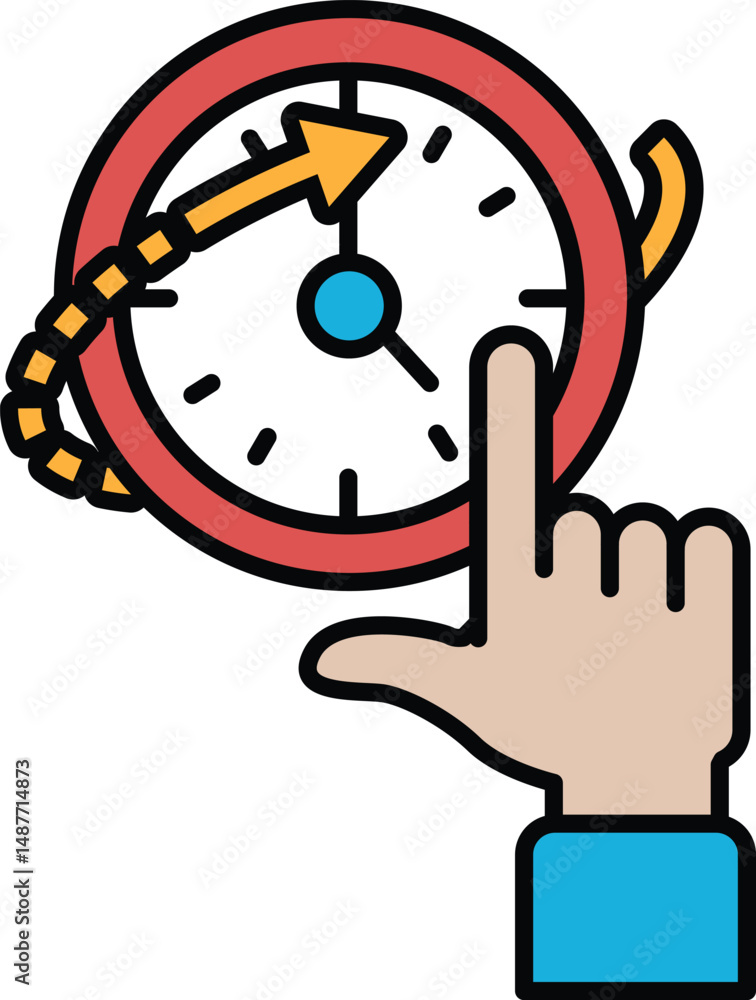 Poster a hand pointing at a clock with the hands on the numbers 1 and 5