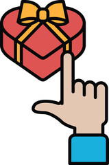 A hand pointing at a red box with a yellow bow