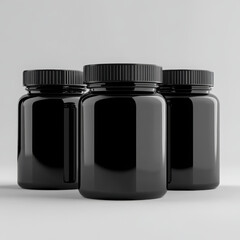 Black Plastic Supplement Jars Mockup with Blank Label. High quality photo