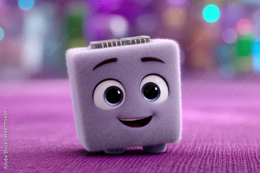 Poster cute fluffy character smiling with big expressive eyes and playful demeanor set against a colorful b
