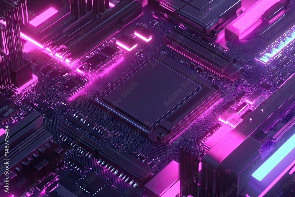 Poster a close-up view of a futuristic circuit board with glowing orange lines and chips. showcasing advanc