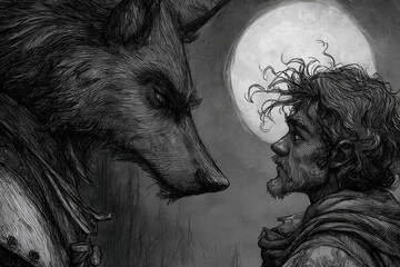Confrontation between a large wolf and a man under the moonlight.