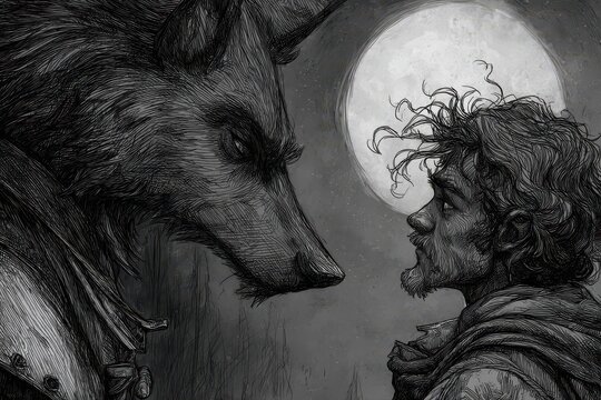 Confrontation between a large wolf and a man under the moonlight.