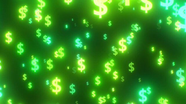 Glowing Green Dollar Sign Neon Money Symbols Digital Finance Concept - 4K Seamless VJ Loop Motion Background Animation