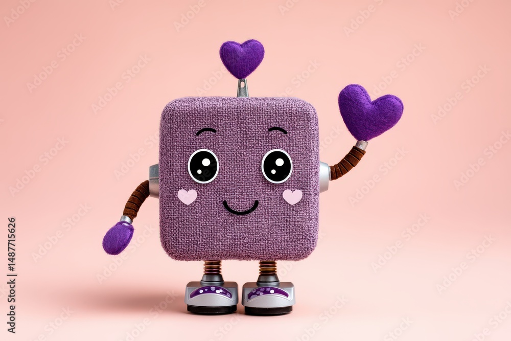 Poster a vibrant purple robot character smiling cheerfully with heart-shaped hands in a playful style again