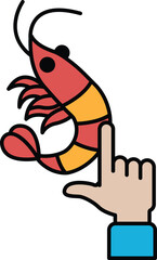 A cartoon shrimp is being held up by a finger