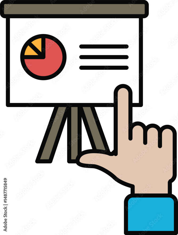 Poster a hand pointing at a white board with a pie chart on it
