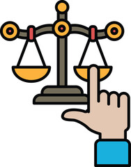 A hand is pointing to a scale with a balance