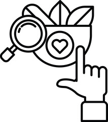 A hand pointing to a bowl with a magnifying glass and a heart