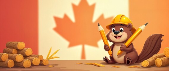 Happy Canada Day. Cute smiling cartoon beaver in hard hat sits amidst logs & holds giant pencils, ready to build. Canada flag backdrop creates fun, playful vibe. Ideal for school/construction-theme