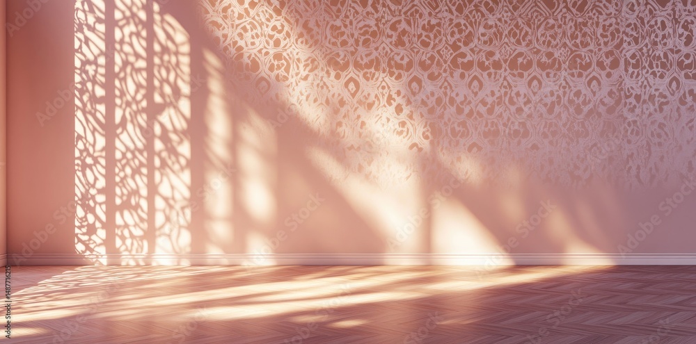 Poster a serene. sunlit interior of an empty room with textured walls and soft shadows cast by large window