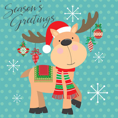 Christmas card with cute reindeer and baubles