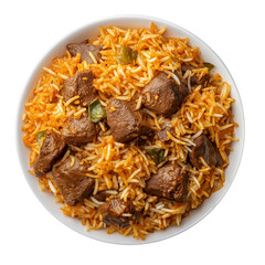 Delicious Beef biryani with spices in plate top view. Mutton biryani top view isolated on white background. biryani plate png.