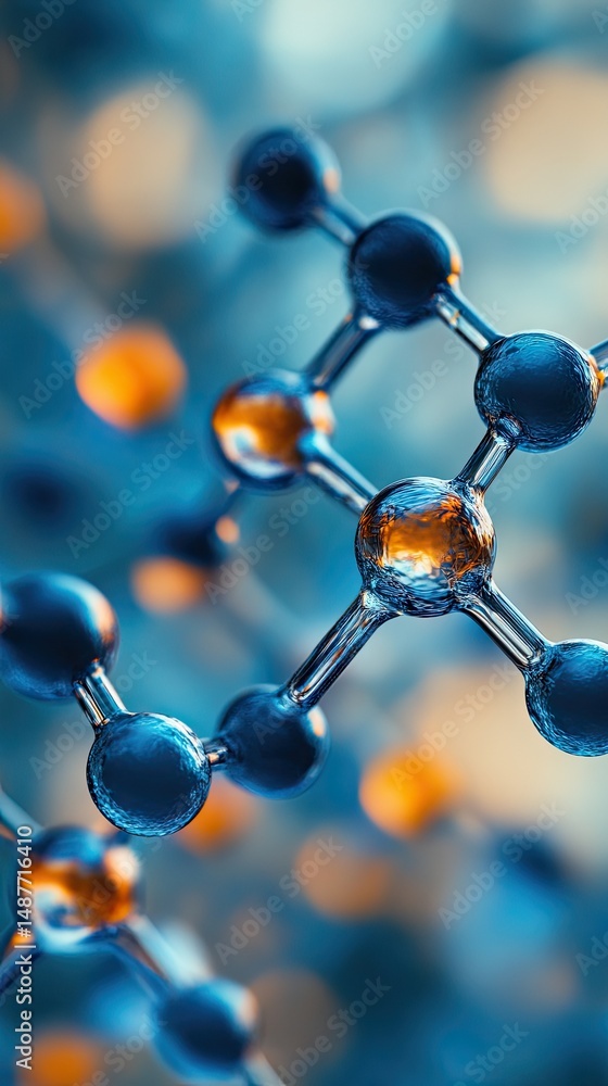 Poster a close-up view of a crystal-clear molecular structure floating amidst a blurred background of color