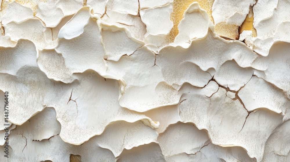 Poster close-up of peeling white paint on a textured surface. showcasing layers of flakes against a neutral