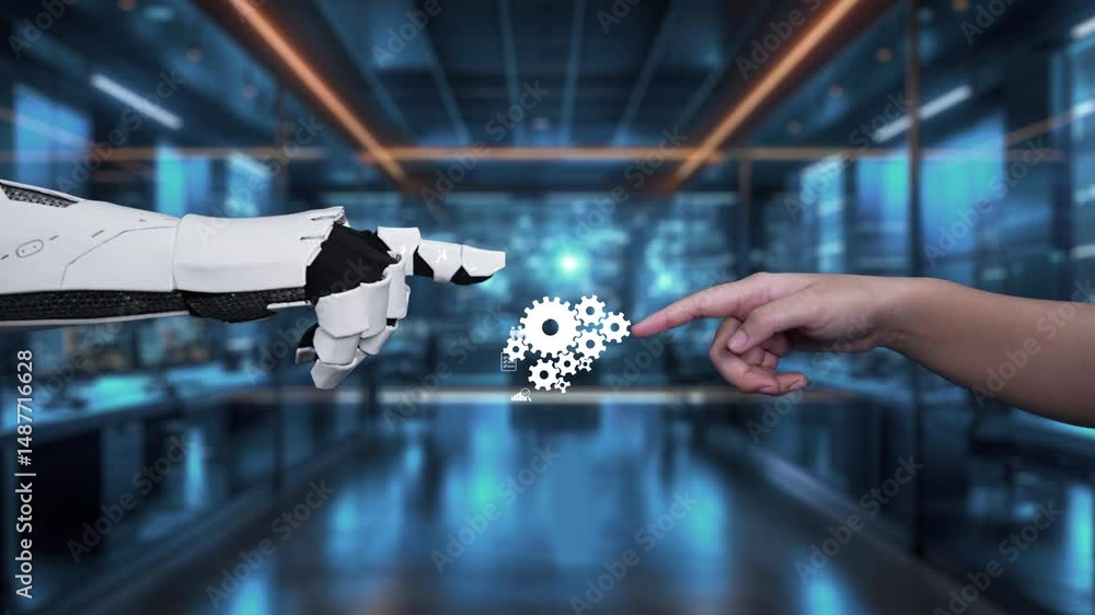 Poster a dynamic scene showcasing collaboration between human and robot, with virtual gears and business ic
