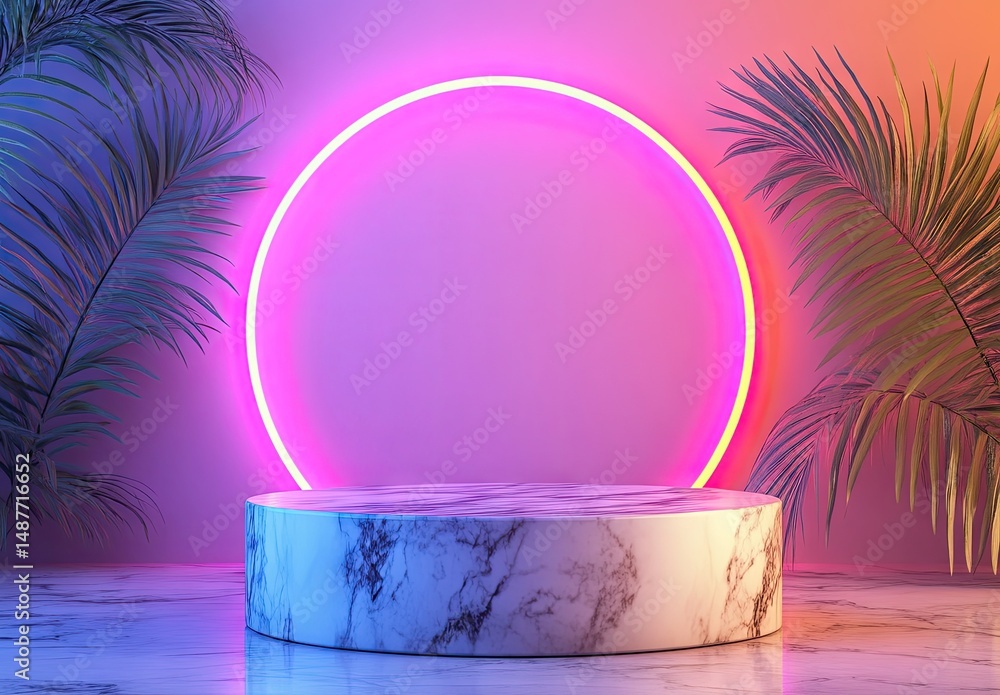 Poster a modern. illuminated circular display featuring a marble texture set against a dark background with