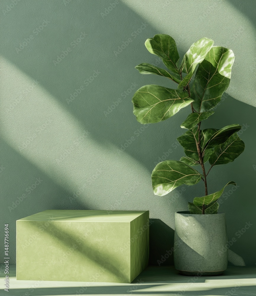 Aufkleber a vibrant fiddle leaf fig plant in a minimalist white pot. elegantly positioned on a shelf against a