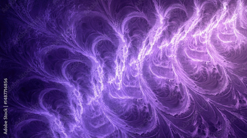 Poster a mesmerizing abstract fractal design showcasing swirling patterns in shades of purple and white. cr
