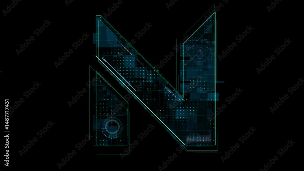 Poster futuristic neon tech logo with digital grid and circuit patterns