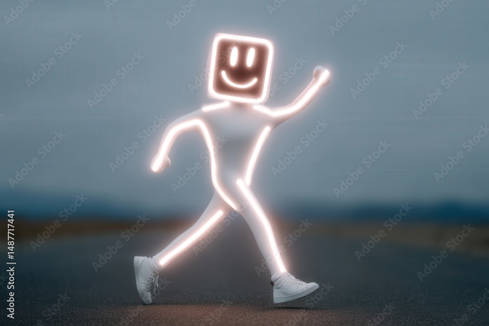Poster abstract character with illuminated smiley face walking on a road against a blurred gray background 