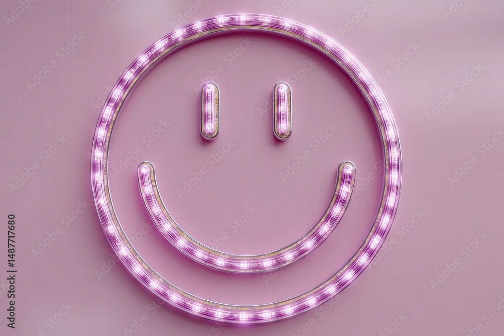 Poster neon smiley face design with glowing led lights surrounded by soft pink backdrop creating an uplifti