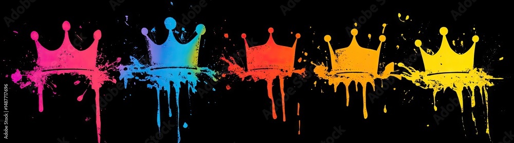 Poster vibrant splashes of color create an artistic representation of crowns on a dark background. symboliz
