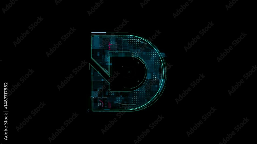 Poster futuristic neon tech interface with glowing d symbol and digital patterns