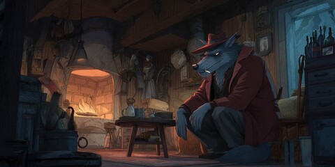 Fototapeta premium Interior scene of a rustic, dimly lit cabin.