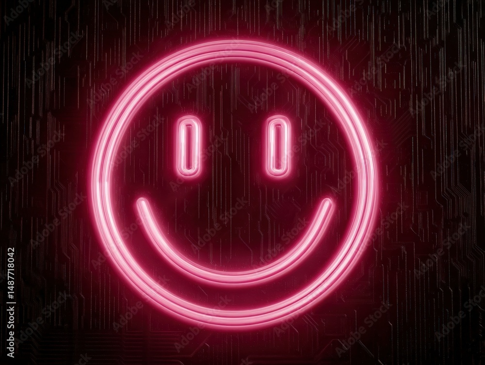 Poster neon smiley face glowing brightly against a dark textured background symbolizing digital emotion and