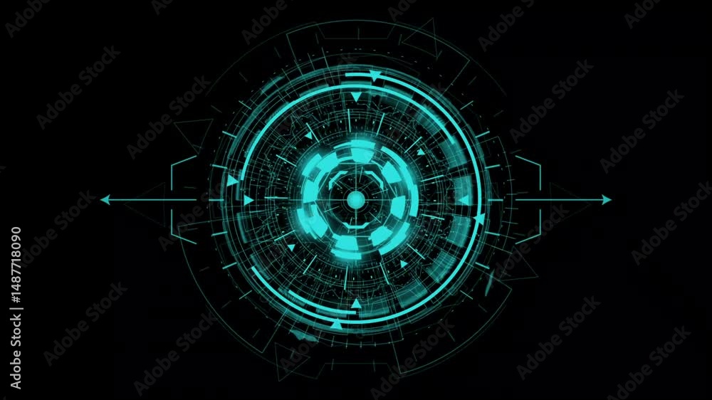 Poster futuristic blue digital interface graphic with circular design and geometric patterns