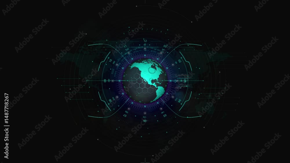 Poster futuristic digital world map interface with rotating globe and tech elements