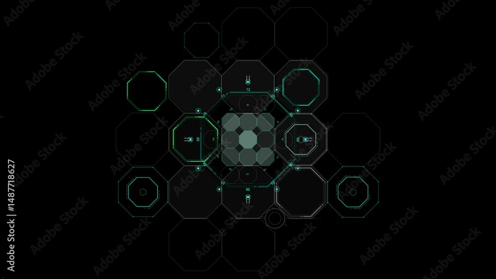 Poster futuristic tech interface with geometric patterns and digital grid visualization