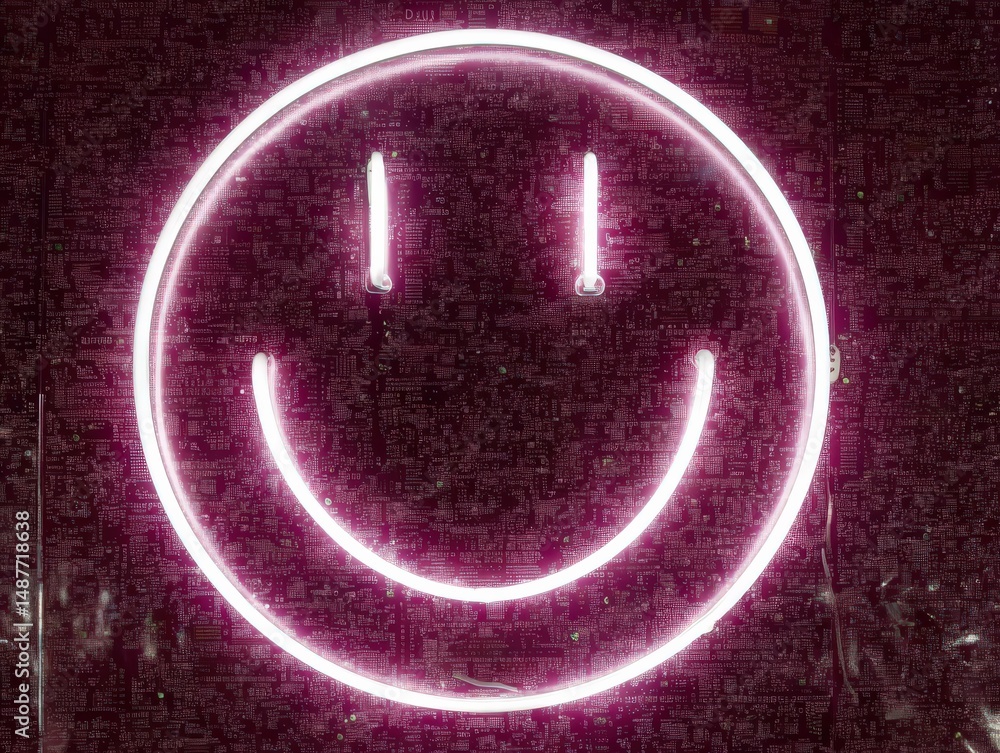 Poster neon smiley face glowing brightly against a textured background of circuit board patterns symbolizin