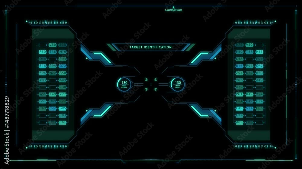 Poster futuristic target identification interface with neon blue elements for tech analysis