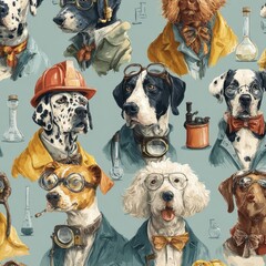 A light-blue patterned design featuring dogs in various scientific professions.