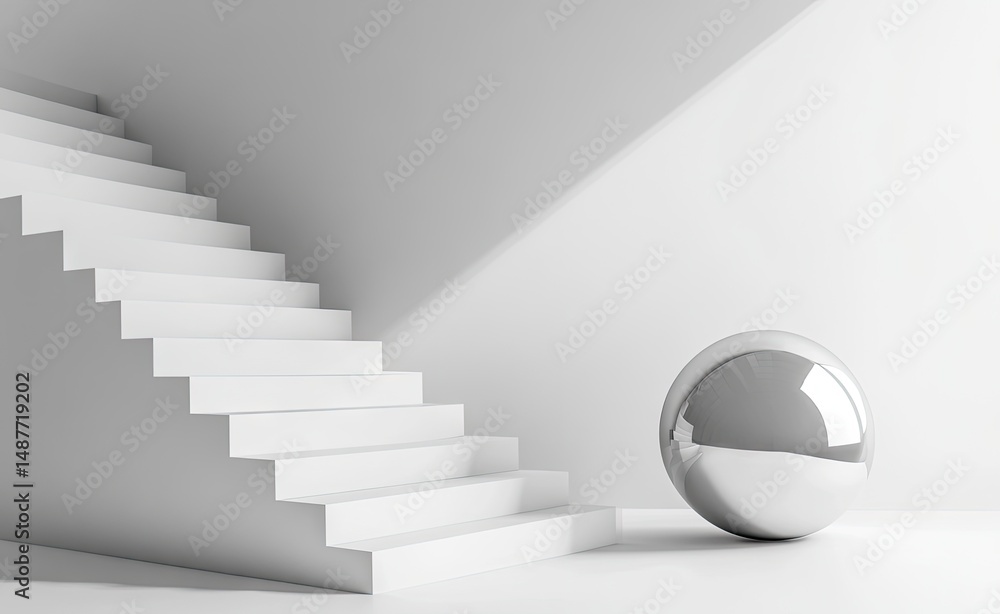 Poster a minimalist interior scene showcasing a sleek staircase leading to an upper level. complemented by 