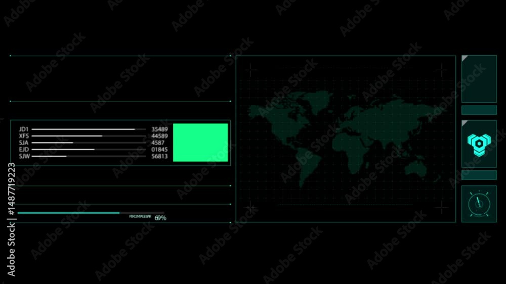 Poster futuristic interface with digital world map and data elements in green hue