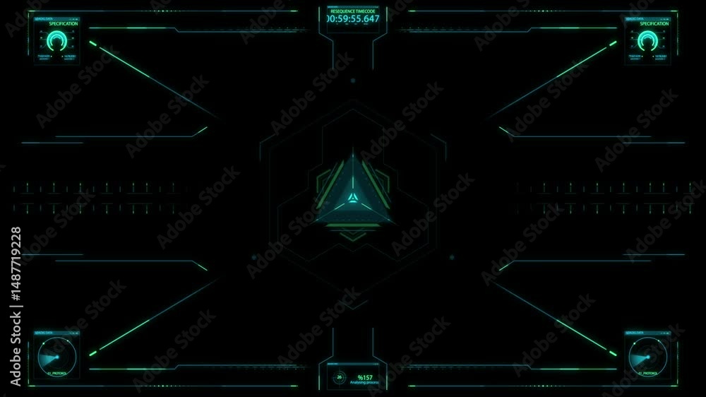 Poster futuristic interface design with neon green glowing elements and geometrical patterns