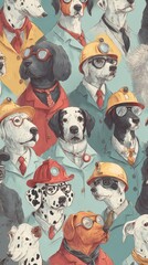 A diverse collection of canine characters in professional attire.