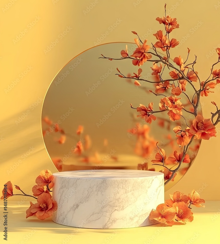 Poster a serene display of a minimalist circular pedestal with a marble texture. adorned with vibrant orang