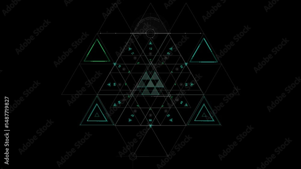 Poster geometric sacred fractal design with abstract triangular patterns and symmetry